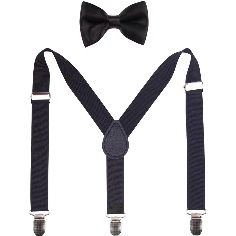 GUCHOL Kids Black Suspenders Bow Tie for Boys and Girls Adjustable Elastic Classic Accessory Sets Age 1 to 13 Year (Black, 33 INCH (6-13 Year) - Image 1